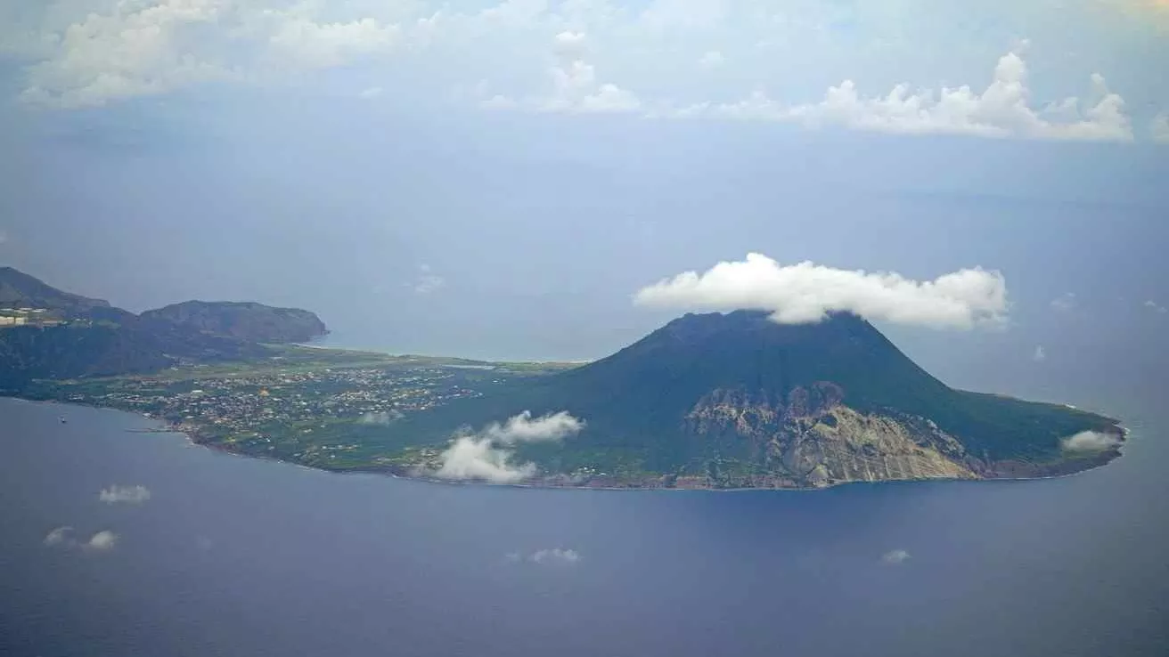 Aerial view of the volcanic island of Saint-Eustache