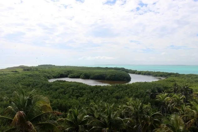 Vue depuis le haut de la lagune de l’île de Contoy au Mexique